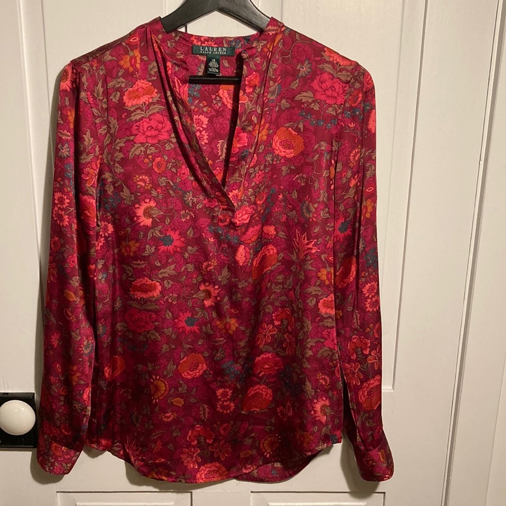 LAUREN Ralph Lauren floral paisley long sleeve shirt blouse in satin size xs
